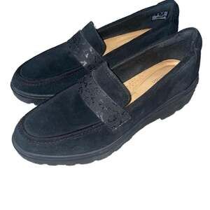Clarks Collection Calla Ease Black Suede Leopard Print Strap Loafers